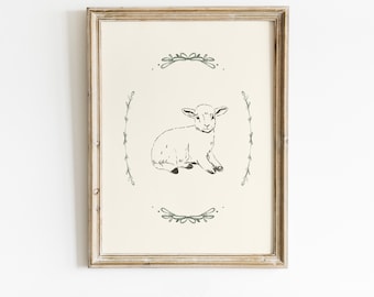 Vintage Spring Easter Lamb Print Cute Sheep Drawing Antique Farmhouse Decor Vintage Lamb Art Print Cozy Baby Nursery Farmhouse Wall Decor