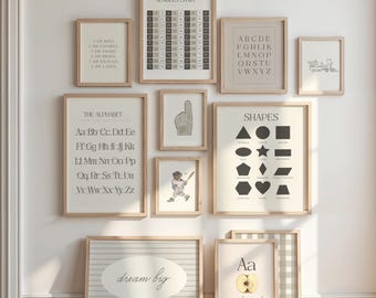 May include: A collection of framed art prints with educational themes. Prints include the alphabet, numbers chart, shapes, and inspirational quotes. The frames are light wood, and the prints have a neutral color palette.