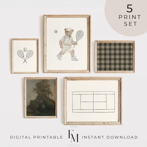 Moody Tennis Prints Set of 5 Dark Green Tennis Vintage Boys Room Bear Tennis Poster Timeless Boys Nursery Wall Art Sports Print Tennis Decor