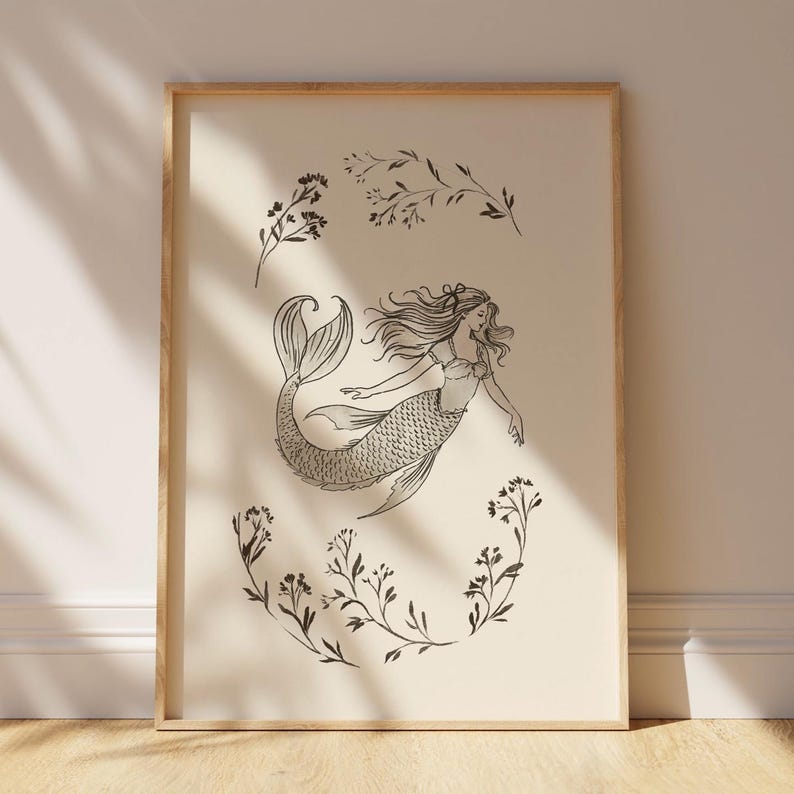 Antique mermaid print with nautical charm for a timeless room decor