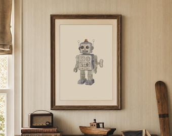 Retro Robot Nursery Wall Art Vintage Robot Print Boys Playroom Decor Navy Big Boy Room Art Digital Download
