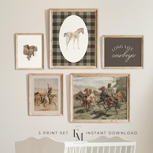 Antique Boy Western Gallery Wall Set of 5 Moody Green Cowboy Print Boy Room Decor Vintage Boy Playroom Poster Horse Room Art Boy Nursery Art