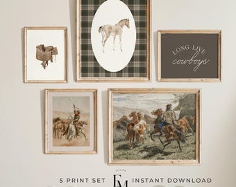 Antieke jongen western galerij muur set van 5 humeurige groene cowboy print jongenskamer decor vintage jongen speelkamer poster paard kamer kunst jongen kinderkamer kunst