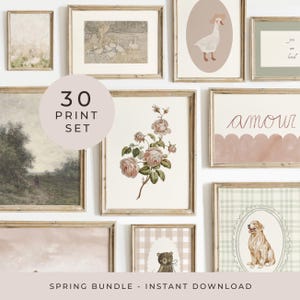 May include: A gallery wall of framed art prints featuring botanical, landscape, and animal-themed illustrations. The prints are displayed on a white wall, with a central circle stating "30 PRINT SET". The words "SPRING BUNDLE - INSTANT DOWNLOAD" are at the bottom.