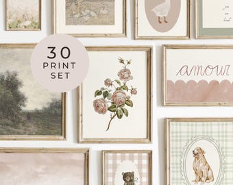 Pink Spring Cottage Gallery Wall Art Woodland Sage Green Vintage Botanicals Nursery Printable Set