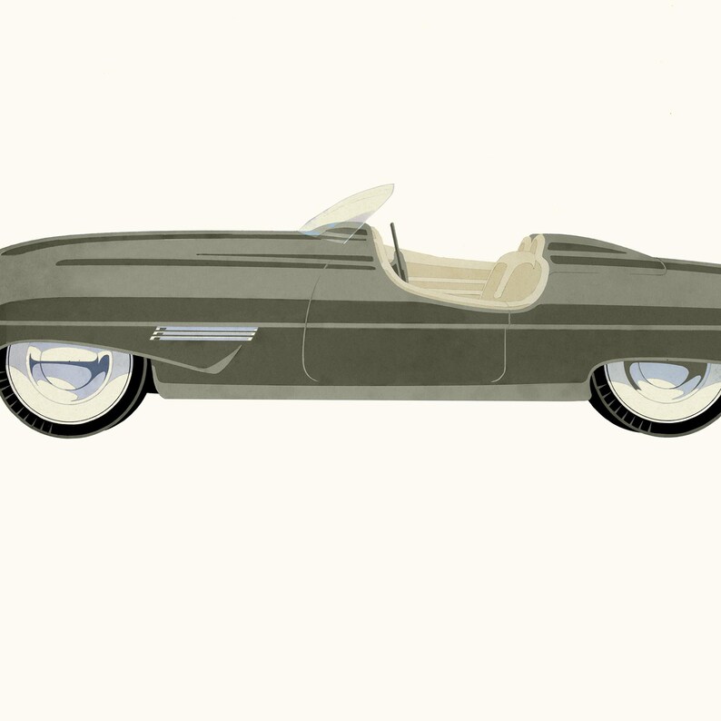 May include: Illustration of a vintage olive green convertible car with cream-coloured seats and a windscreen. The car has white-walled tyres and chrome detailing. The artwork is set against a cream background.