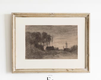 Moody Landscape Print Vintage Woodland Drawing Moody Printable Wall Art Landscape Sketch Antique Moody Art Brown Dark Artwork Neutral Print
