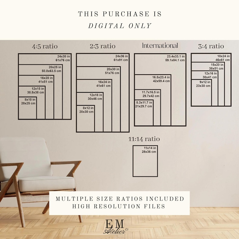 May include: Digital art print size guide with multiple aspect ratios, including 4:5, 2:3, International, 3:4, and 11:14. Sizes range from 8x10 inches to 24x36 inches. Text reads "THIS PURCHASE IS DIGITAL ONLY" and "MULTIPLE SIZE RATIOS INCLUDED HIGH RESOLUTION FILES".