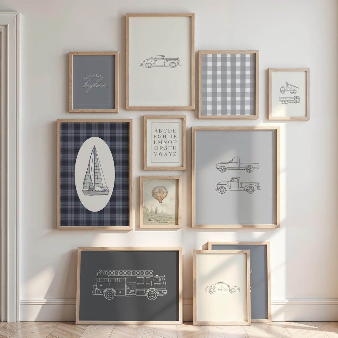 Vintage Boys Nursery Wall Art Set Classic Vehicles and Boyhood Prints ...