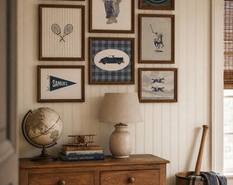 Custom Name Nursery Gallery Wall Set, 8-Piece Preppy Bear Digital Art in Navy