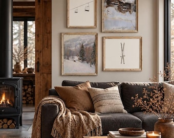 Ski Lodge Decor Print Set, 4 Vintage Winter Mountain JPEGs for Cabin Galleries