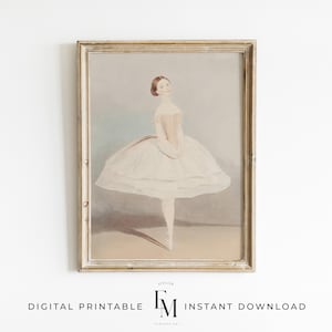 May include: A vintage illustration of a ballerina in a white tutu, standing on one leg with her arms crossed in front of her. The background is a light blue watercolor wash.