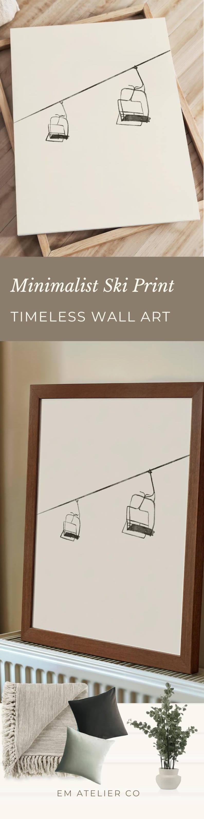 May include: A framed minimalist ski print. The artwork features a black and white line drawing of two ski lift chairs on a neutral background, set within a dark brown wooden frame.