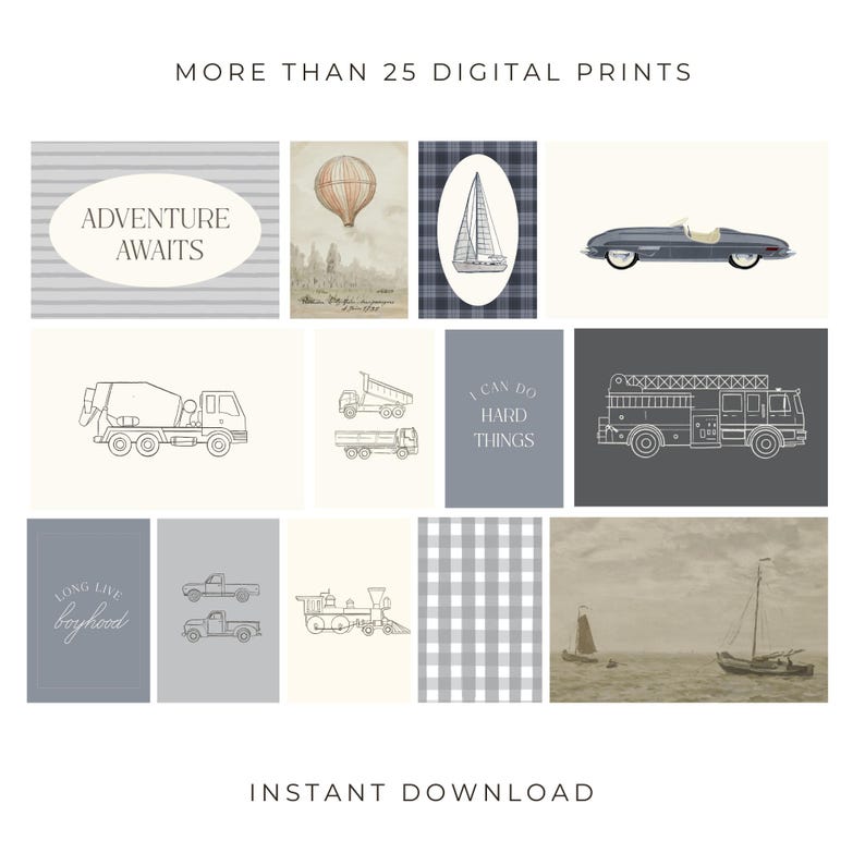 K&ouml;nnte beinhalten: Eine Sammlung digitaler Drucke mit verschiedenen Illustrationen. Enth&auml;lt einen Oldtimer, einen Hei&szlig;luftballon, ein Segelboot und ein Feuerwehrauto. Text enth&auml;lt "Adventure Awaits", "I Can Do Hard Things" und "Long Live Boyhood".