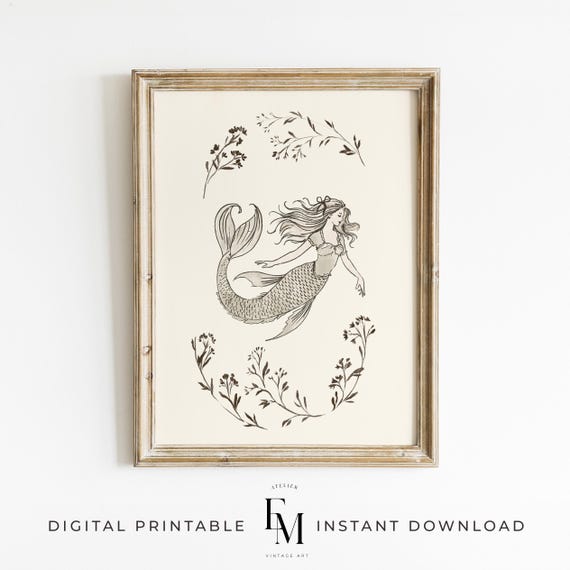 Mermaid Vintage Print Mermaid Painting Coastal Girl Room Decor Nautical Coastal Decor Girl Nursery Antique Drawing Mermaid Girl Playroom Art