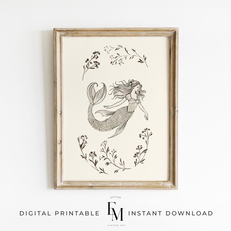 Vintage mermaid painting for a coastal girls nursery or playroom
