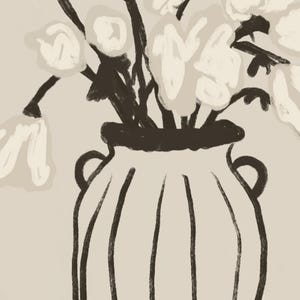 May include: A black and white illustration of a vase with a bunch of white flowers. The vase is a simple, rounded shape with a wide mouth and a narrow base. The flowers are stylized and have a simple, organic shape.