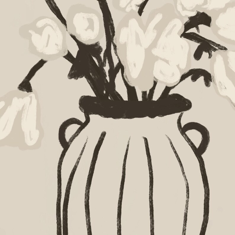 May include: A black and white illustration of a vase with a bunch of white flowers. The vase is a simple, rounded shape with a wide mouth and a narrow base. The flowers are stylized and have a simple, organic shape.