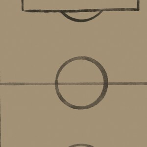 May include: A minimalist illustration of a soccer field, featuring a tan background with dark gray lines outlining the field's key elements. The design includes the center circle, goal area, and the top of the field.