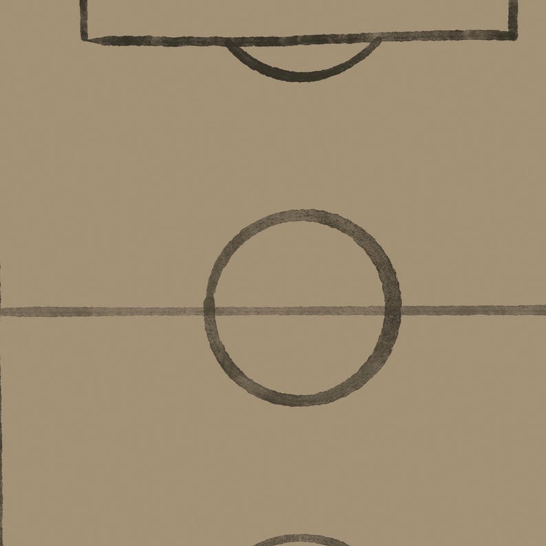 May include: A minimalist illustration of a soccer field, featuring a tan background with dark gray lines outlining the field's key elements. The design includes the center circle, goal area, and the top of the field.