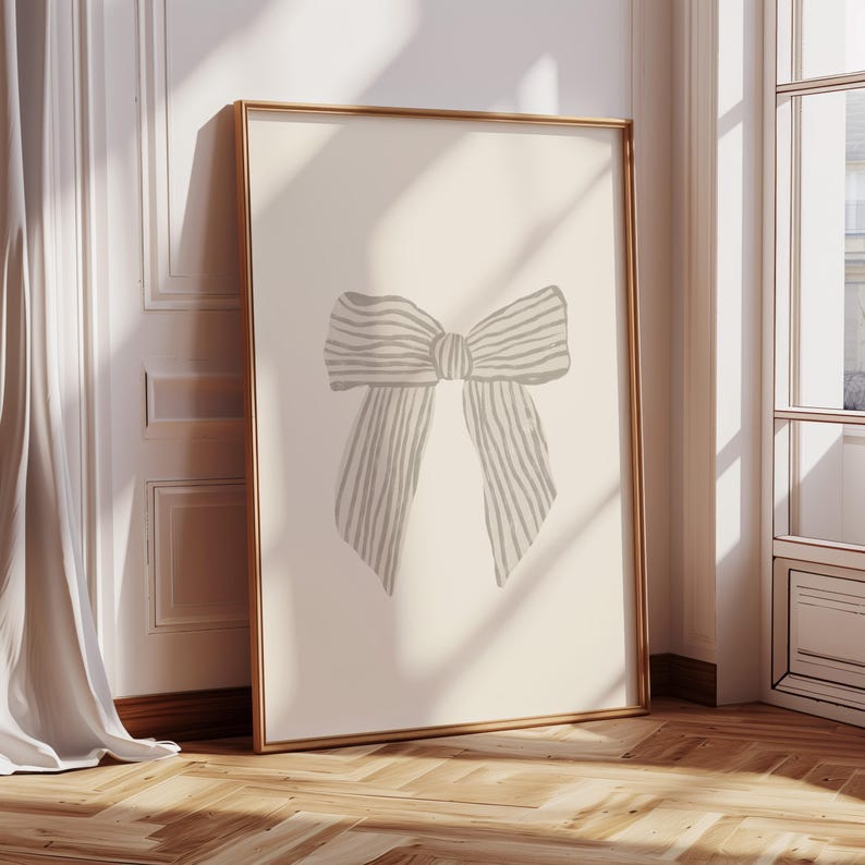 Vintage-style girl nursery print featuring a beautifully drawn pink bow.