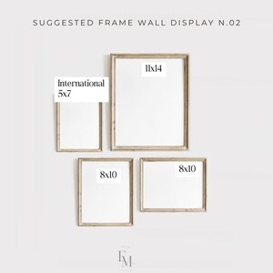 May include: A suggested frame wall display with four frames in different sizes. The frames are all in a light wood color and have a white mat. The frames are arranged in a staggered pattern. The sizes of the frames are 5x7, 8x10, 8x10, and 11x14.