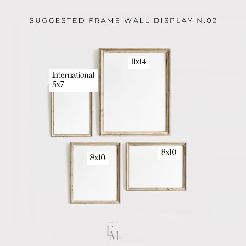 May include: A suggested frame wall display with four frames in different sizes. The frames are all in a light wood color and have a white mat. The frames are arranged in a staggered pattern. The sizes of the frames are 5x7, 8x10, 8x10, and 11x14.