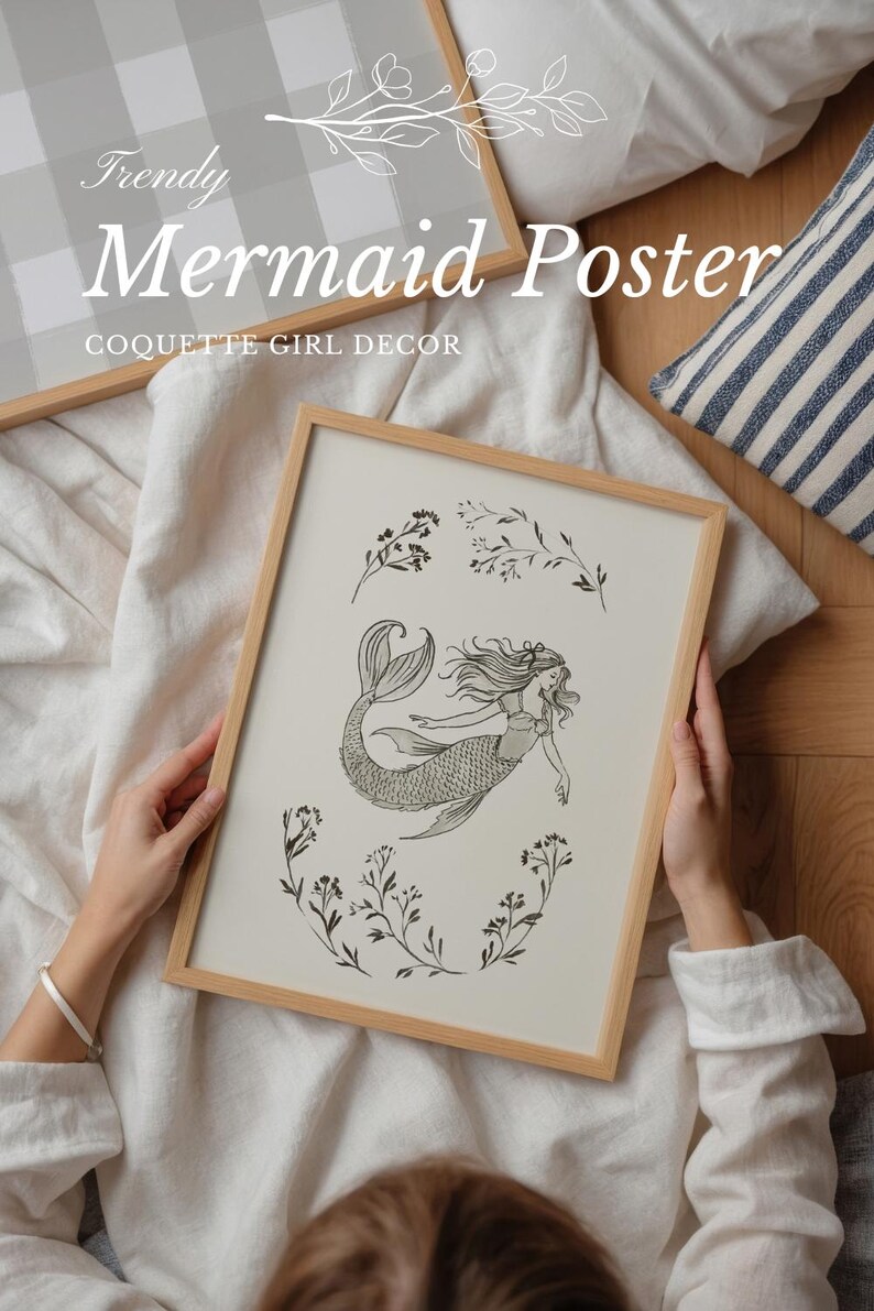 Mermaid antique drawing, ideal for a whimsical coastal-inspired playroom.