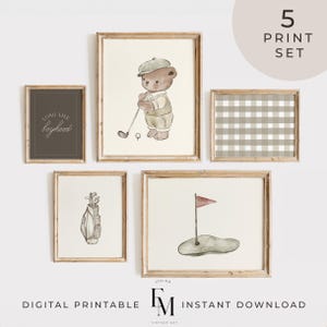 Vintage Golf Teddy Bear Wall Art Set of 5 Watercolor Illustrations Golf Nostalgic Wall Decor Vintage Sport Nursery Decor Golf Boy Room Print