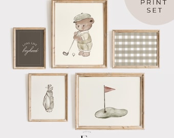 Vintage Golf Teddy Bear Wall Art Set of 5 Watercolor Illustrations Golf Nostalgic Wall Decor Vintage Sport Nursery Decor Golf Boy Room Print