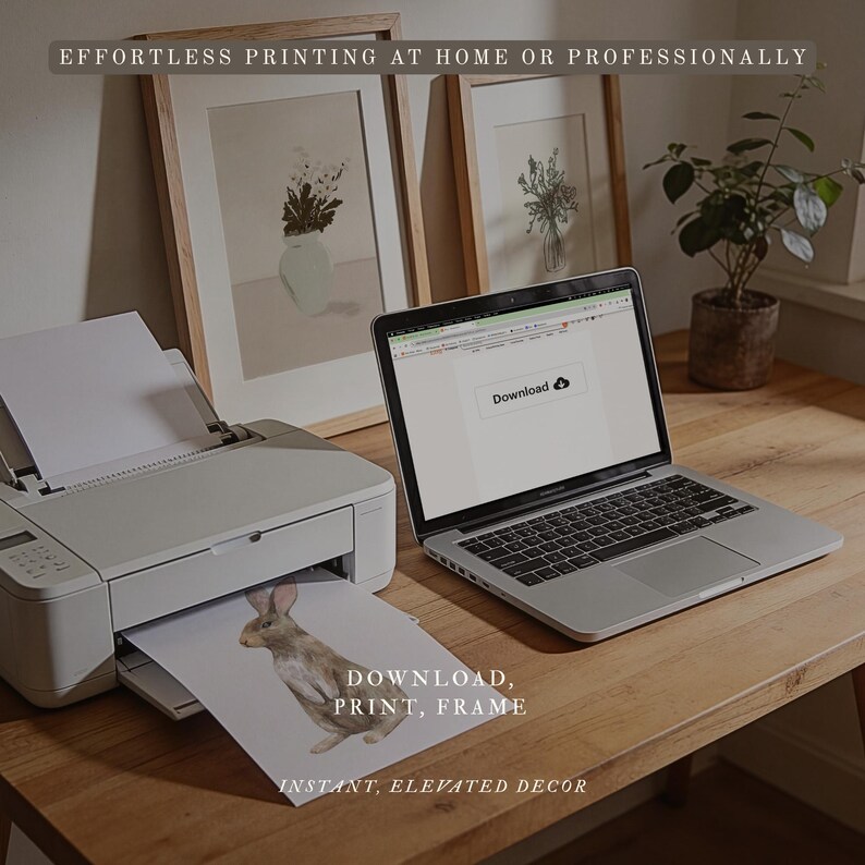 May include: A light gray printer sits on a wooden desk next to a silver laptop displaying a download button. A printed sheet featuring a brown rabbit illustration emerges from the printer. Text reads: EFFORTLESS PRINTING AT HOME OR PROFESSIONALLY.