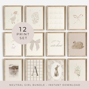 Könnte beinhalten: Ein Set mit 12 druckbaren Wandbildern in einer neutralen Farbpalette. Die Drucke zeigen Illustrationen einer Gans, Blumen, Schleifen, eines Schwans, eines Kaninchens, eines karierten Musters und Text, der "you are loved", "love love love" und "long live sisterhood" sagt.