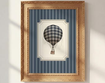 Navy Tartan Hot Air Balloon Boy Nursery Print Vintage Plaid Adventure Wall Art Classic Boy Room Decor Antique Travel Printable