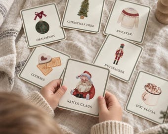 Montessori Flashcard Christmas Bundle, 36 Printable Watercolor Cards for Preschool Learning