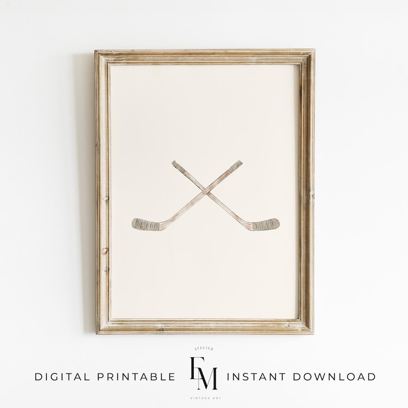 Neutral hockey wall art featuring a vintage hockey stick for charming boys' decor