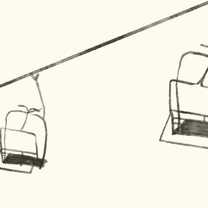 May include: A monochrome illustration depicting two ski lift chairs hanging from a diagonal cable. The chairs are sketched with basic lines, evoking a winter sports theme against a cream backdrop.