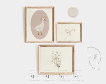 Printable Vintage Gallery Wall Art Set Set of 3 Vintage Girl Prints Coquette Bow Art Digital Print Silly Little Goose Digital Download