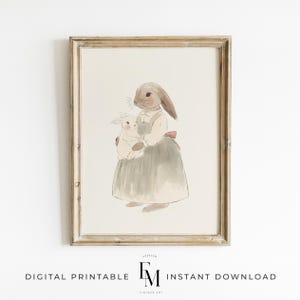 Rabbit Mom and Baby Print Bunny Nursery Poster Vintage Style Nursery Wall Art Antique Nursery Decor Timeless Nursery Decor Cottagecore Print