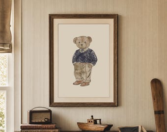 Preppy Bear Nursery Wall Art Navy Teddy Bear Print Vintage Ivy League Boys Room Decor Watercolor Download