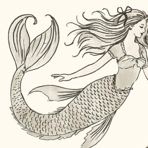 May include: A black and white illustration of a mermaid with long flowing hair and a fishtail. The mermaid is wearing a simple top with a bow in her hair.