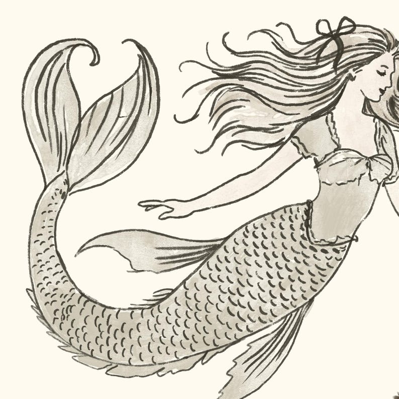 May include: A black and white illustration of a mermaid with long flowing hair and a fishtail. The mermaid is wearing a simple top with a bow in her hair.