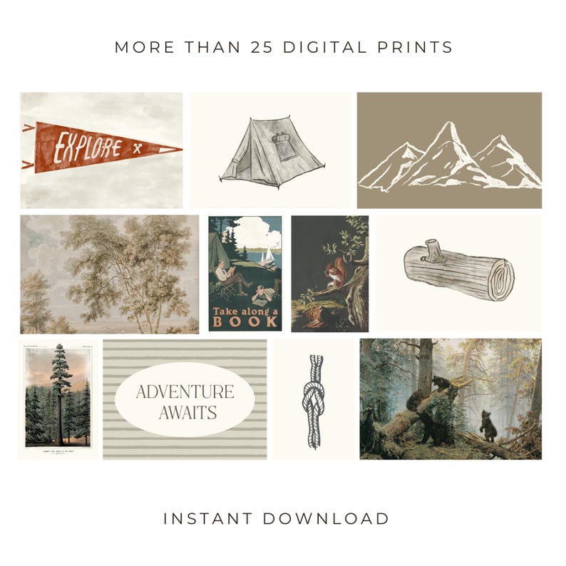 May include: Collection of digital prints with a camping and nature theme. Includes illustrations of a tent, mountains, trees, a log, a knot, and bears. Text includes "EXPLORE", "Take along a BOOK", and "ADVENTURE AWAITS".