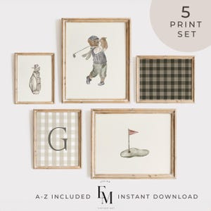 Juego de 5 impresiones de golf neutrales para habitación de niños, monograma de oso imprimible, póster deportivo estético vintage, arte para habitación de niño, decoración de guardería de osito de peluche, regalo para niño
