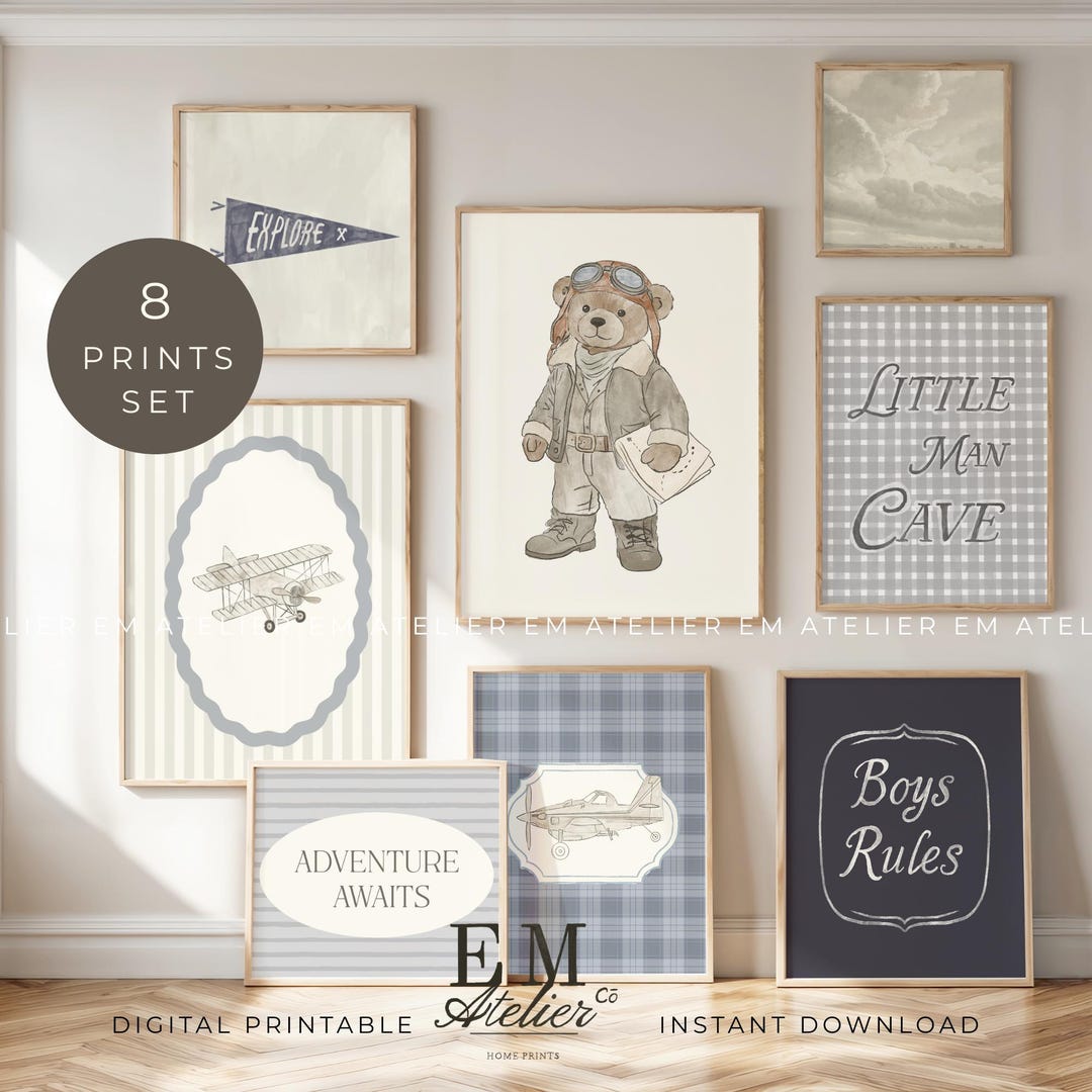 Vintage Aviator Bear Nursery Print Set Adventure Boys Room Wall Art ...
