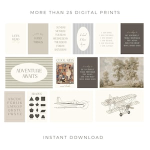 May include: A collection of digital prints with various designs and quotes. The prints feature inspirational phrases, geometric shapes, and illustrations of airplanes and a tree. The color palette includes neutral tones like beige, gray, and brown. Text on the prints includes "Adventure Awaits" and "Cool Kids".