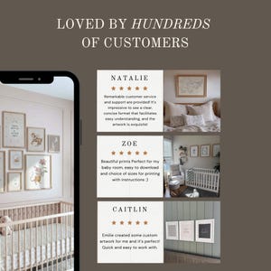 May include: A digital display showing customer reviews for wall art prints. The text reads LOVED BY HUNDREDS OF CUSTOMERS, followed by three testimonials from Natalie, Zoe, and Caitlin, each featuring five-star ratings and photos of framed nursery art.