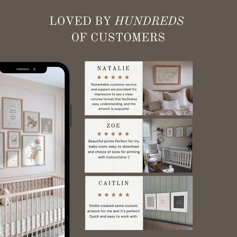May include: A digital display showing customer reviews for wall art prints. The text reads LOVED BY HUNDREDS OF CUSTOMERS, followed by three testimonials from Natalie, Zoe, and Caitlin, each featuring five-star ratings and photos of framed nursery art.