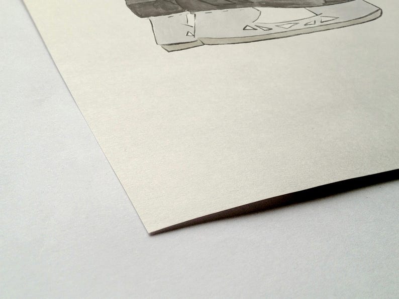 May include: A watercolor illustration of a black and white ice skate. The skate is detailed with shading and highlights, suggesting a vintage or artistic style. The image is set against a neutral background.