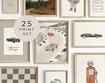 Vintage Racing Car Nursery Wall Art Set Neutral Sage Boys Room Prints Bundle 25 Printable Race Boy Playroom Decor