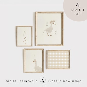Neutral Goose and Duck Prints: Vintage Gallery Wall Art Set of 4.